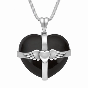 Sterling Silver Whitby Jet Large Winged Cross Heart Necklace