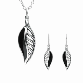 Sterling Silver Whitby Jet Leaf Drop Two Piece Set