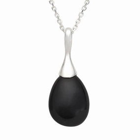 Sterling Silver Whitby Jet Long Drop Capped Necklace