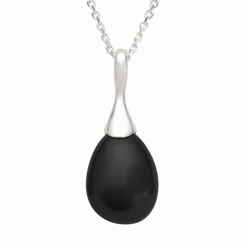 Sterling Silver Whitby Jet Long Drop Capped Necklace