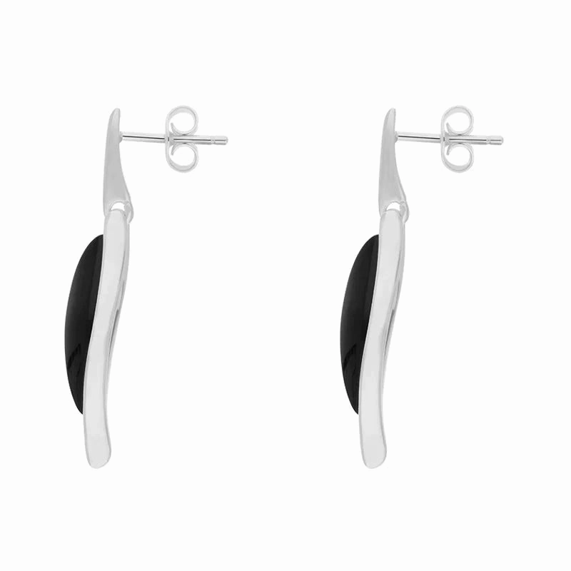 Sterling Silver Whitby Jet Long Wavy Marquise Drop Earrings