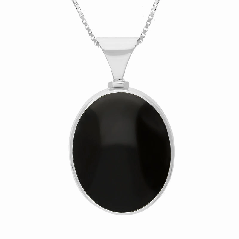 Sterling Silver Whitby Jet Malachite King's Coronation Hallmark Double Sided Oval Necklace D