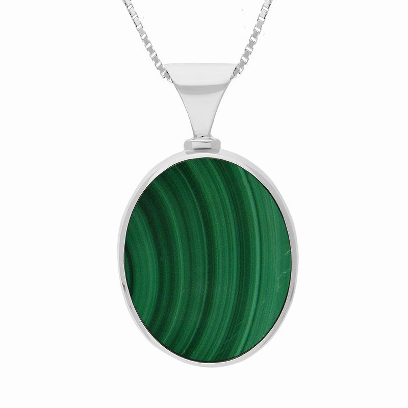 Sterling Silver Whitby Jet Malachite King's Coronation Hallmark Double Sided Oval Necklace D