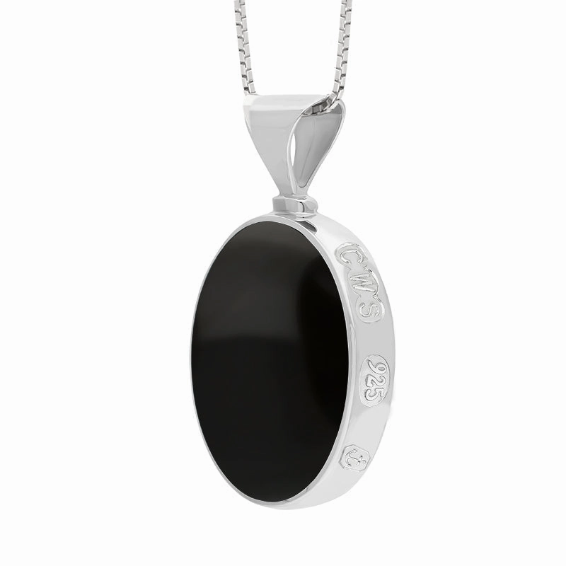 Sterling Silver Whitby Jet Malachite King's Coronation Hallmark Double Sided Oval Necklace D