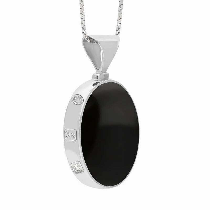 Sterling Silver Whitby Jet Malachite King's Coronation Hallmark Double Sided Oval Necklace D