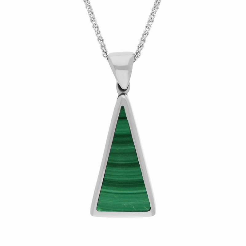 Sterling Silver Whitby Jet Malachite Small Double Sided Triangular Fob Necklace