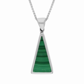 Sterling Silver Whitby Jet Malachite Small Double Sided Triangular Fob Necklace