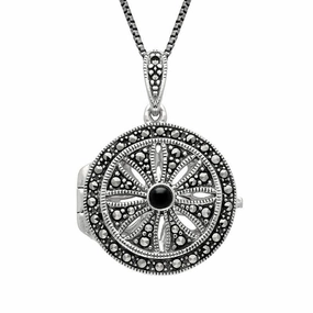 Sterling Silver Whitby Jet Marcasite Arc Deco Circles Locket Necklace
