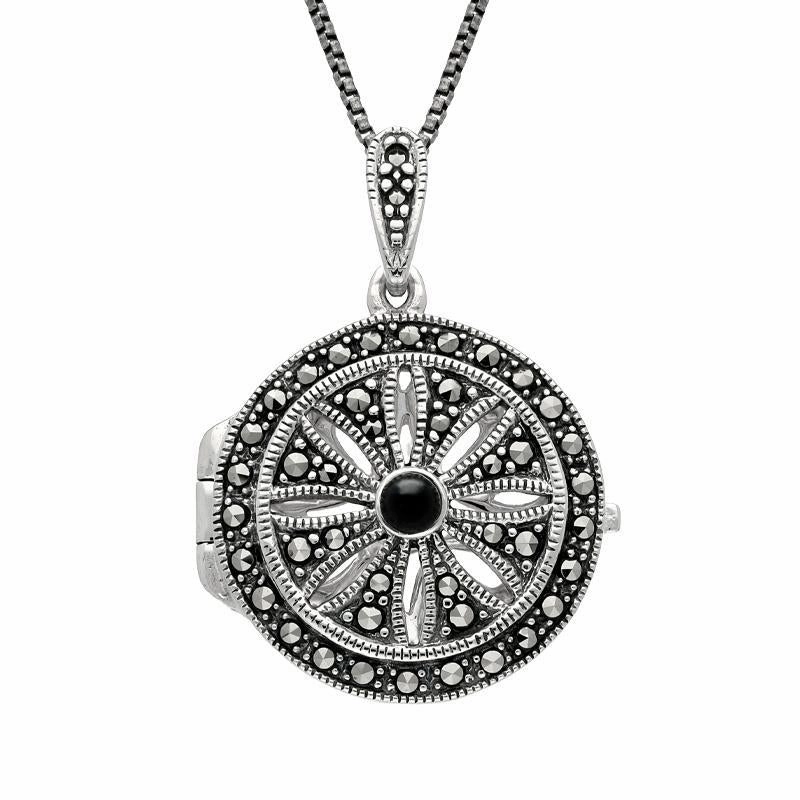 Sterling Silver Whitby Jet Marcasite Arc Deco Circles Locket Necklace