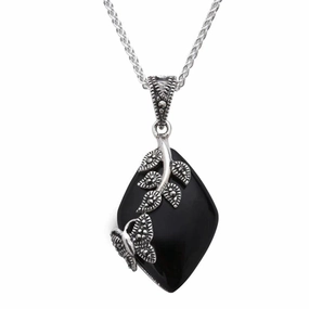 Sterling Silver Whitby Jet Marcasite Butterfly Leaf Necklace