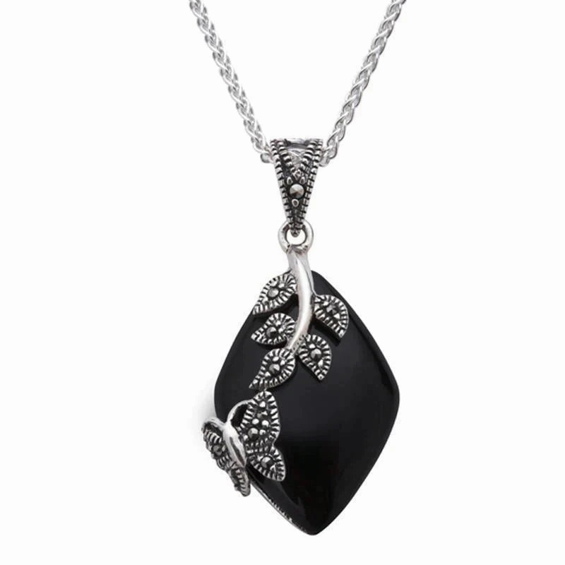 Sterling Silver Whitby Jet Marcasite Butterfly Leaf Necklace