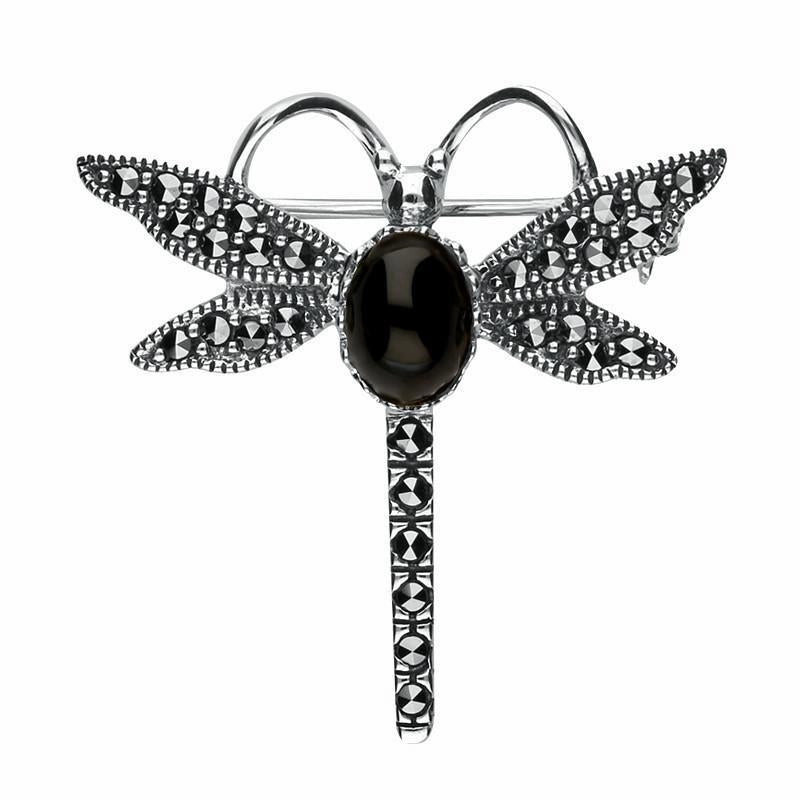 Sterling Silver Whitby Jet Marcasite Dragonfly Brooch