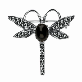 Sterling Silver Whitby Jet Marcasite Dragonfly Brooch