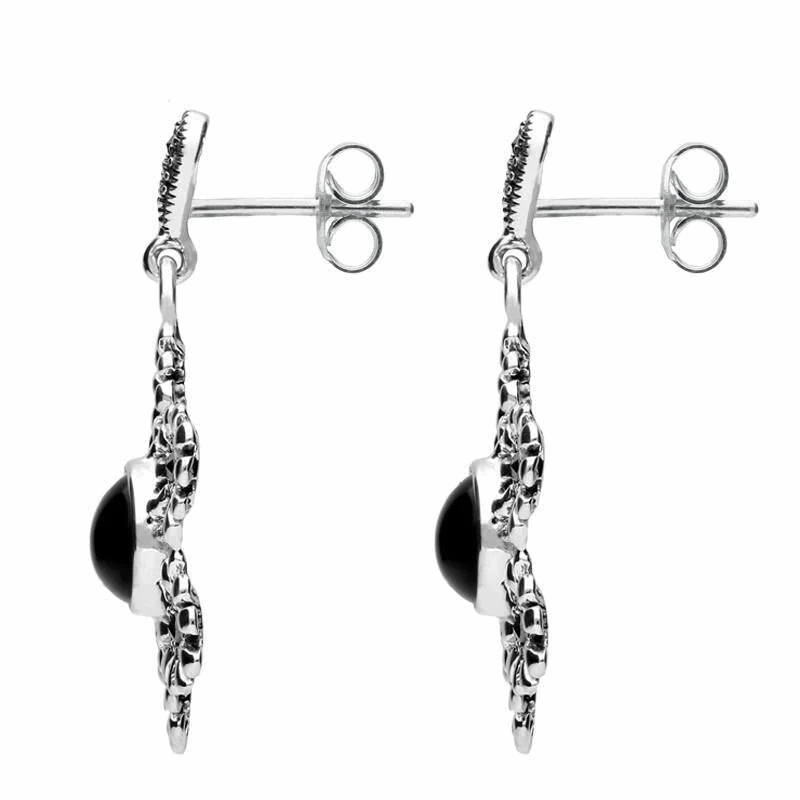 Sterling Silver Whitby Jet Marcasite Flower Petal Drop Stud Earrings