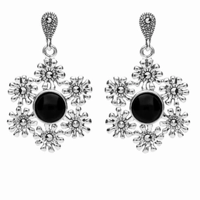 Sterling Silver Whitby Jet Marcasite Flower Petal Drop Stud Earrings
