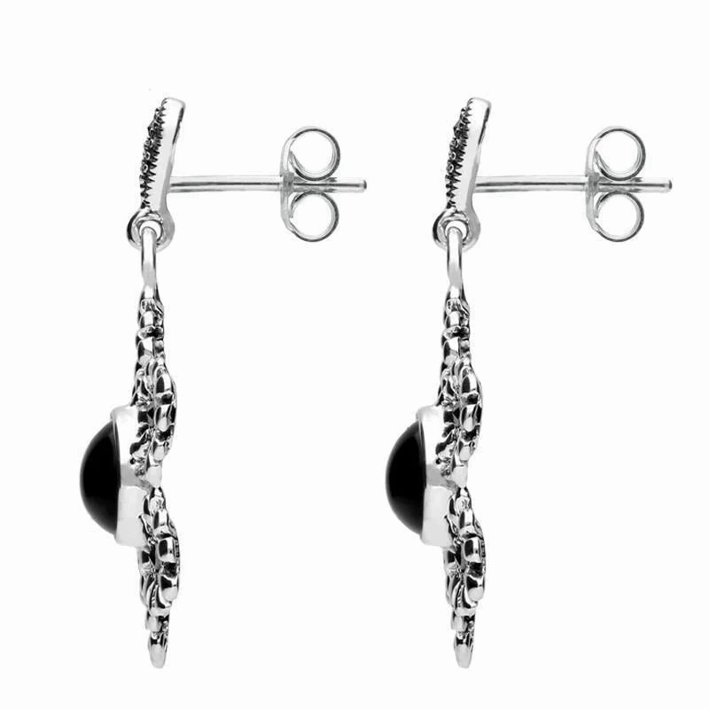 Sterling Silver Whitby Jet Marcasite Flower Petal Drop Stud Earrings