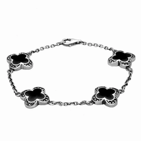 Sterling Silver Whitby Jet Marcasite Four Stone Clover Bracelet