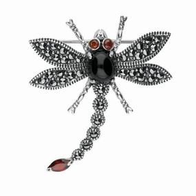 Sterling Silver Whitby Jet Marcasite Garnet Dragonfly Brooch