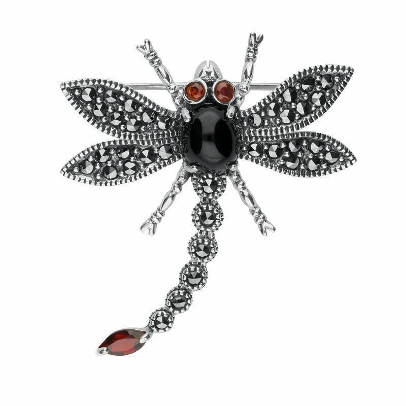 Sterling Silver Whitby Jet Marcasite Garnet Dragonfly Brooch