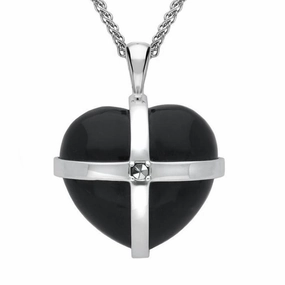 Sterling Silver Whitby Jet Marcasite Large Cross Heart Necklace