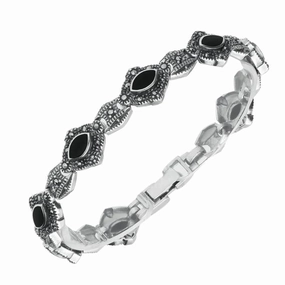 Sterling Silver Whitby Jet Marcasite Marquise Link Bracelet