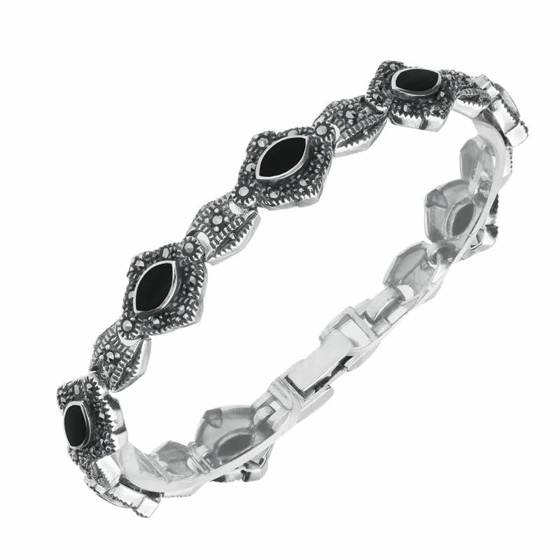 Sterling Silver Whitby Jet Marcasite Marquise Link Bracelet
