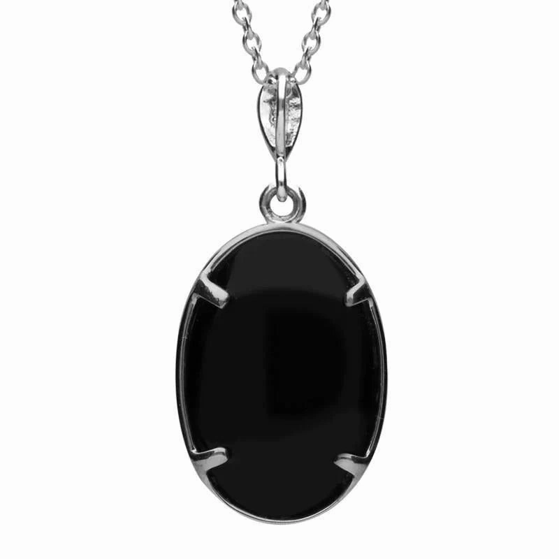 Sterling Silver Whitby Jet Marcasite Oval Art Deco Necklace