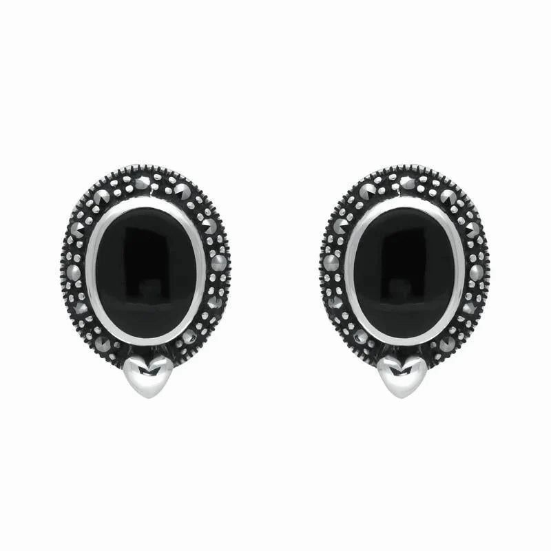 Sterling Silver Whitby Jet Marcasite Oval Framed Stud Earrings