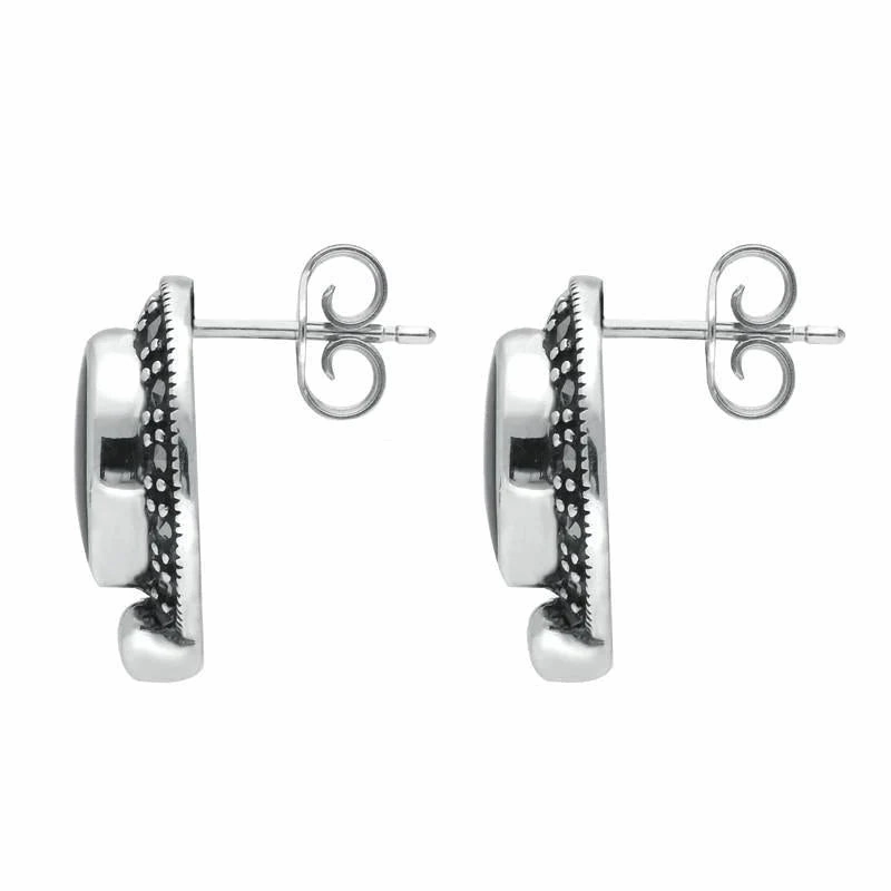 Sterling Silver Whitby Jet Marcasite Oval Framed Stud Earrings