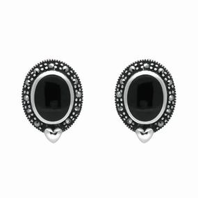 Sterling Silver Whitby Jet Marcasite Oval Framed Stud Earrings