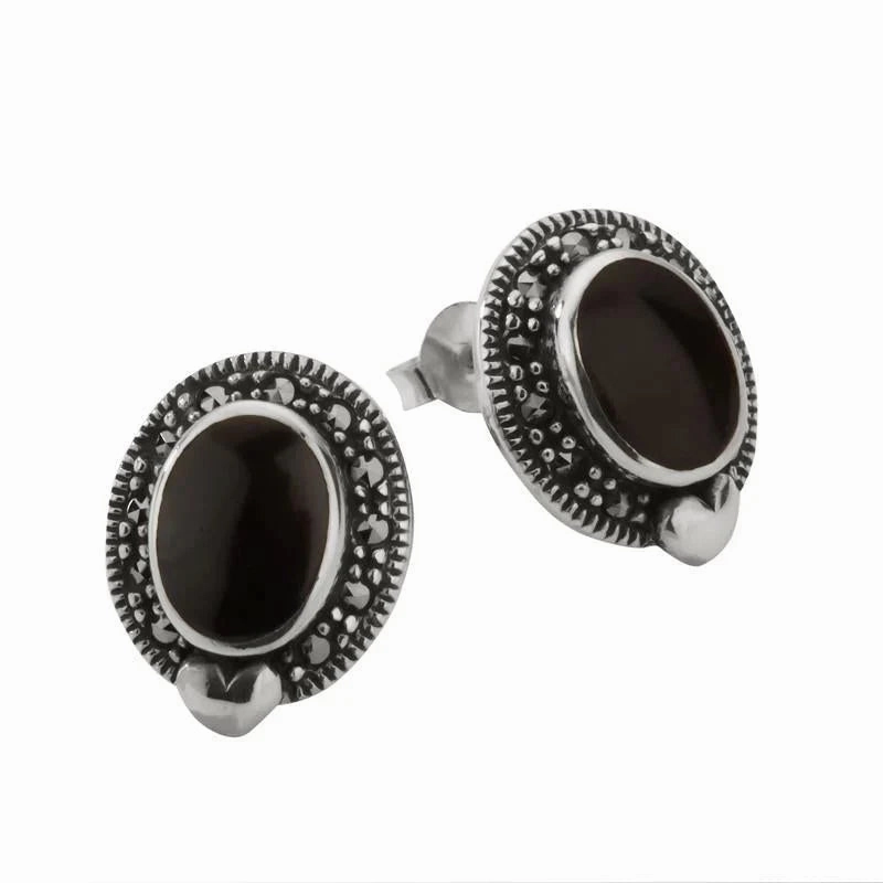 Sterling Silver Whitby Jet Marcasite Oval Framed Stud Earrings