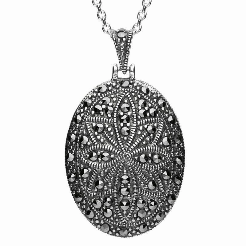 Sterling Silver Whitby Jet Marcasite Oval Star Back Necklace
