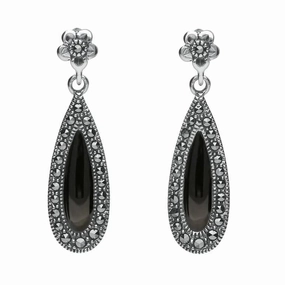 Sterling Silver Whitby Jet Marcasite Pear Drop Stud Earrings