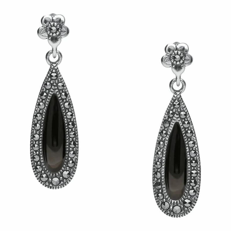 Sterling Silver Whitby Jet Marcasite Pear Drop Stud Earrings