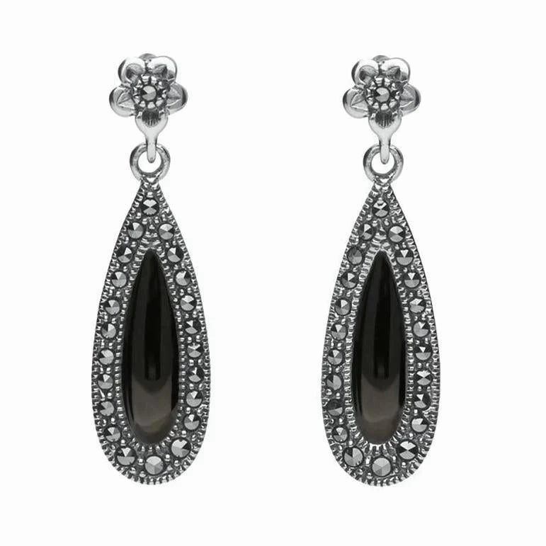 Sterling Silver Whitby Jet Marcasite Pear Drop Stud Earrings