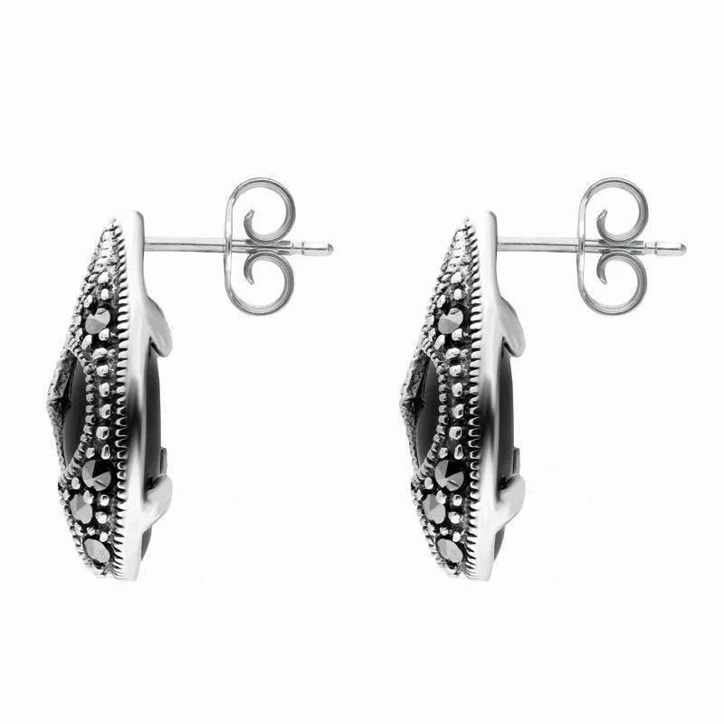 Sterling Silver Whitby Jet Marcasite Pear Shaped Stud Earrings