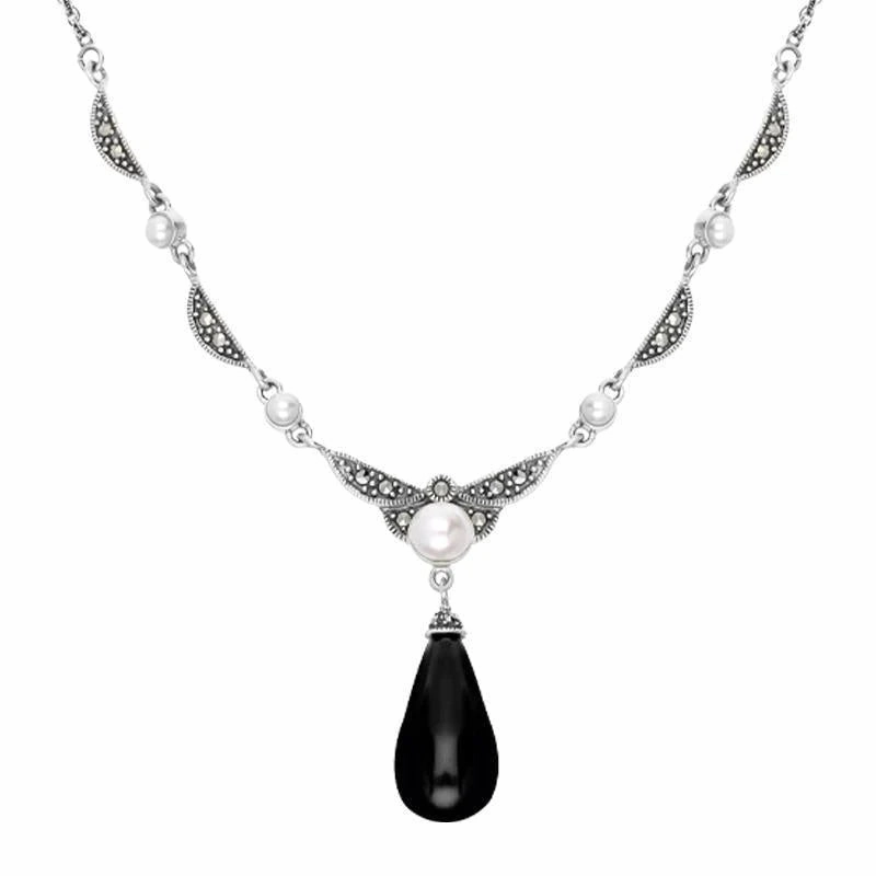 Sterling Silver Whitby Jet Marcasite Pearl Drop Necklace