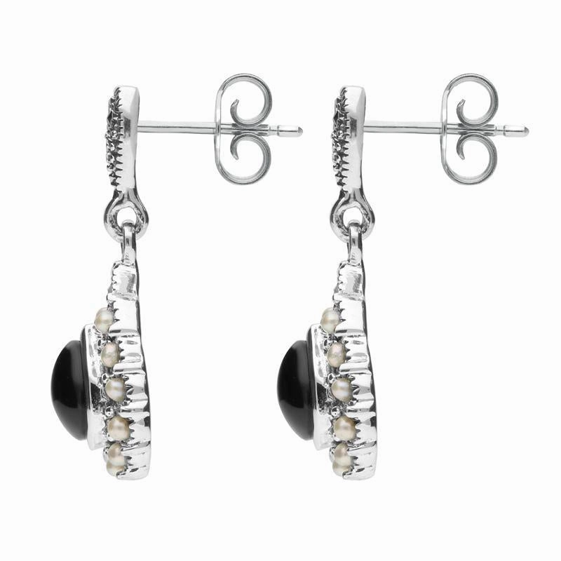 Sterling Silver Whitby Jet Marcasite Pearl Round Edge Bead Drop Earrings