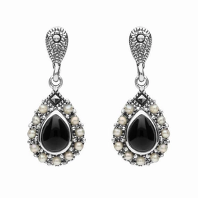 Sterling Silver Whitby Jet Marcasite Pearl Round Edge Bead Drop Earrings