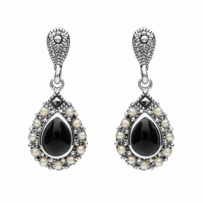 Sterling Silver Whitby Jet Marcasite Pearl Round Edge Bead Drop Earrings