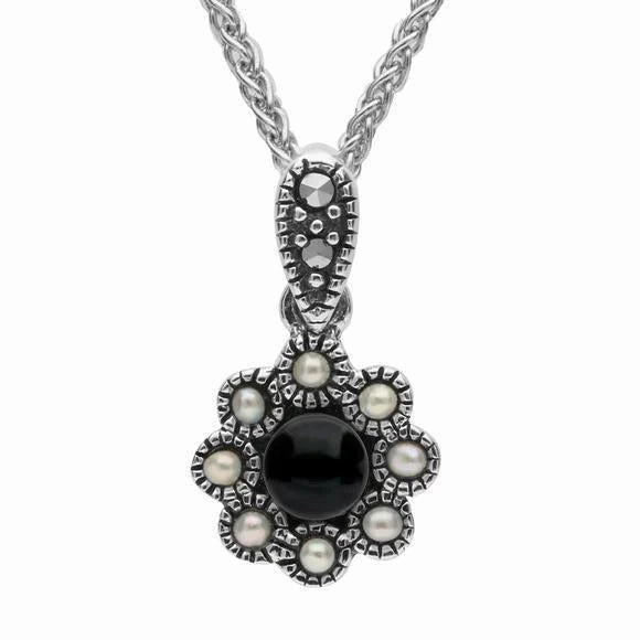 Sterling Silver Whitby Jet Marcasite Pearl Rounded Bead Edge Necklace
