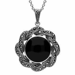Sterling Silver Whitby Jet Marcasite Ribbon Edge Necklace