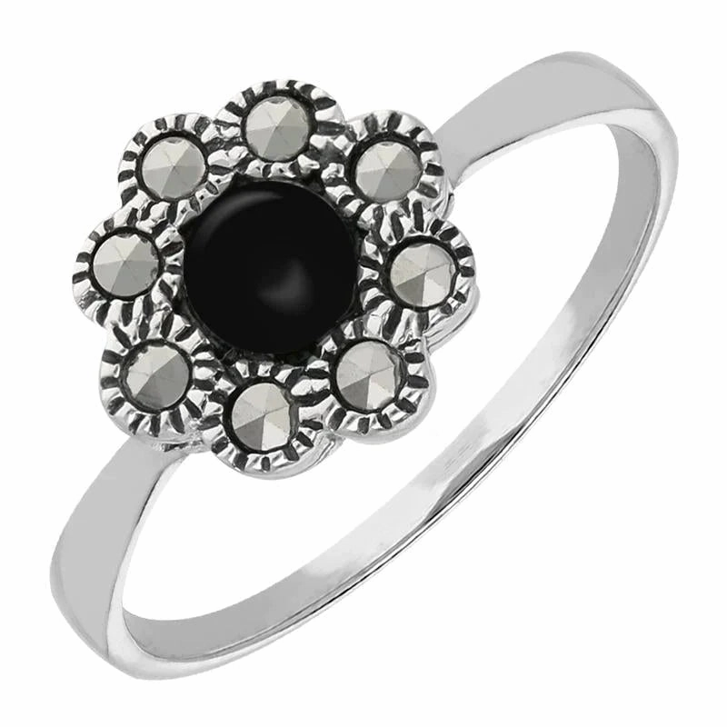 Sterling Silver Whitby Jet Marcasite Round Beaded Edge Ring