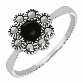 Sterling Silver Whitby Jet Marcasite Round Beaded Edge Ring