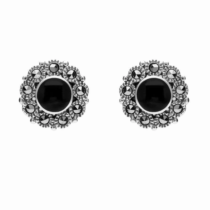 Sterling Silver Whitby Jet Marcasite Round Beaded Two Piece Set