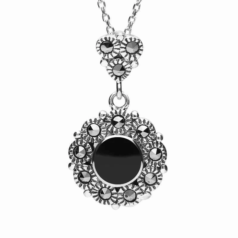 Sterling Silver Whitby Jet Marcasite Round Beaded Two Piece Set