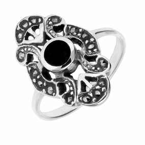 Sterling Silver Whitby Jet Marcasite Round Centred Long Dress Ring