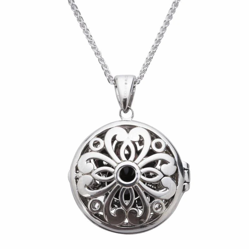 Sterling Silver Whitby Jet Marcasite Round Floral Locket Necklace