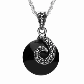 Sterling Silver Whitby Jet Marcasite Round Spiral Necklace