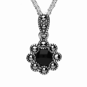 Sterling Silver Whitby Jet Marcasite Rounded Bead Edge Necklace
